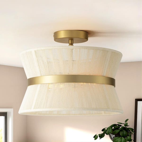 Maggie 13.7 in. W 2-Light Modern Boho Gold Drum Handwoven Natural Rope Semi-Flush Mount Light