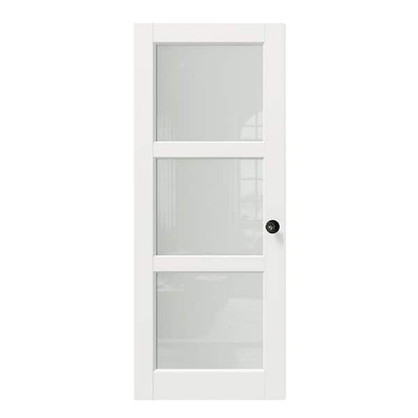 32 in. x 80 in. MDF Wood, Primed, White, 3-Lite, Frosted Glass Interior Door Slab With Black Goal Doorknob