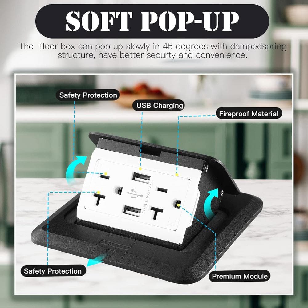 Black Pop-Up Floor Outlet Kit with USB Ports and Wall Plate