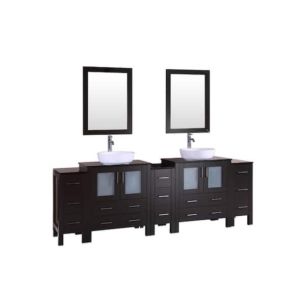 Bosconi 96 in. W Double Bath Vanity with Tempered Glass Vanity Top in Black with White Basin and Mirror