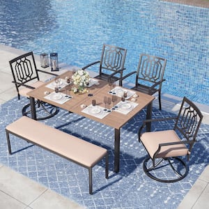 Black 6-Piece Metal Patio Outdoor Dining Set with Wood-Look Rectangle Table and Fashion Chairs with Beige Cushion