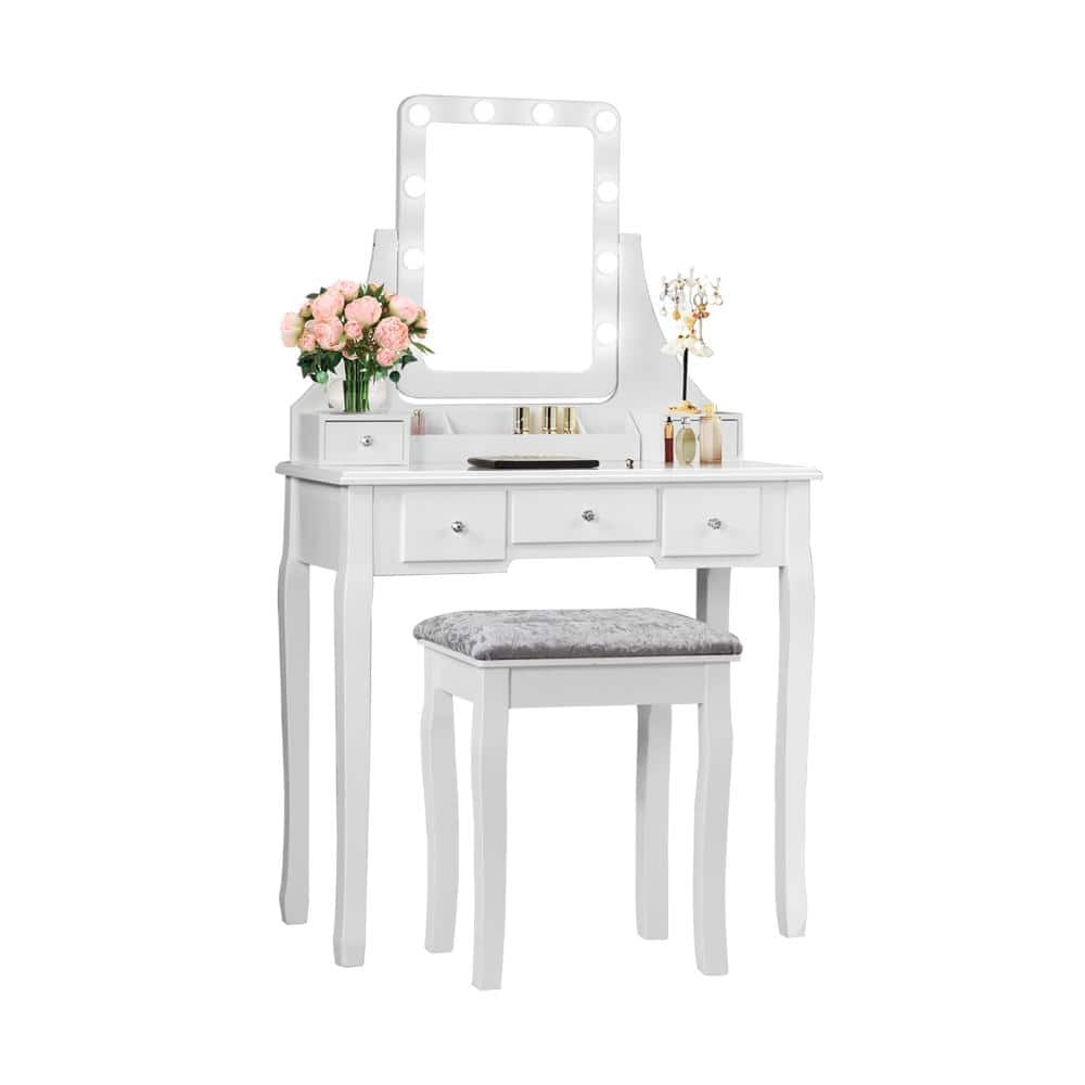 Vanity Dressing Table Set with 10 Dimmable Bulbs 360 Rotatable Mirror MDF Pine Legs 5 Drawers Cushioned Stool price history on PriceWatchPro