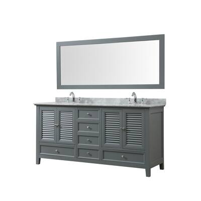 Shutter 72 in. W Bath Vanity in Gray with Carrara White Marble Vanity Top with White Basins and Mirror