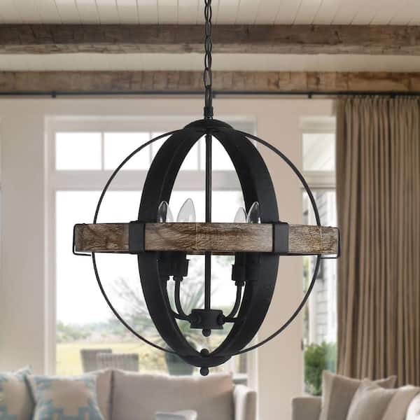 Flint Garden Farmhouse 4 -Light Black Wood Orb Candle Chandelier