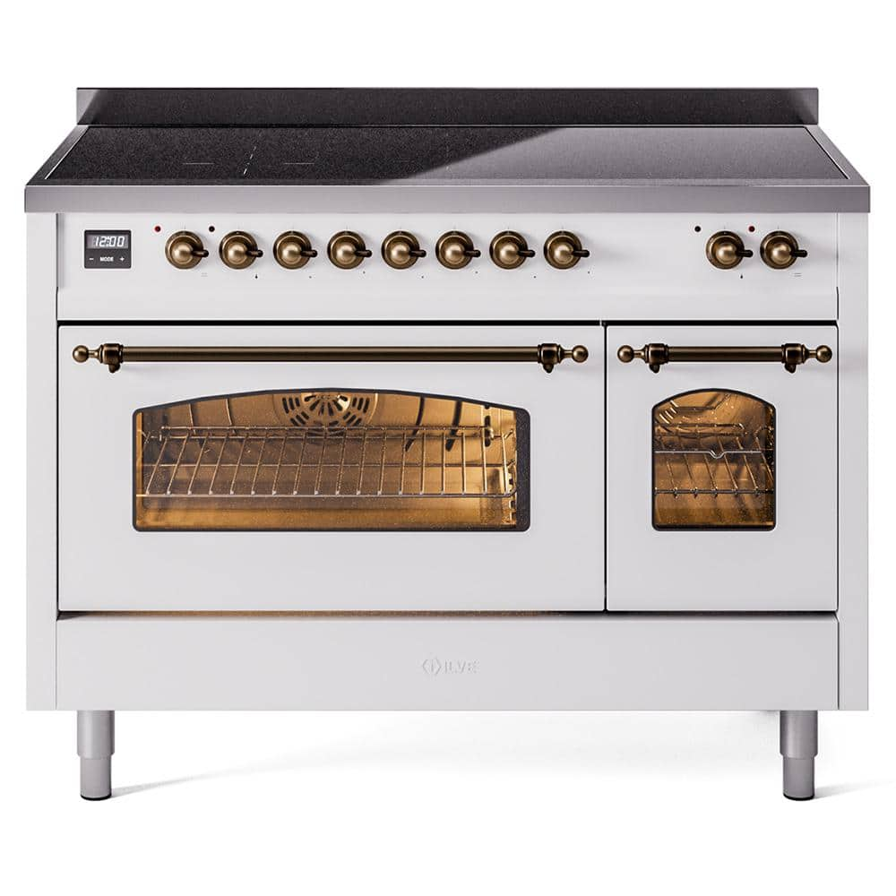 Nostalgie 48 in. 6 Zone Freestanding Double Oven Induction Range in White with Bronze Trim -  ILVE, UPI486NMPWHB