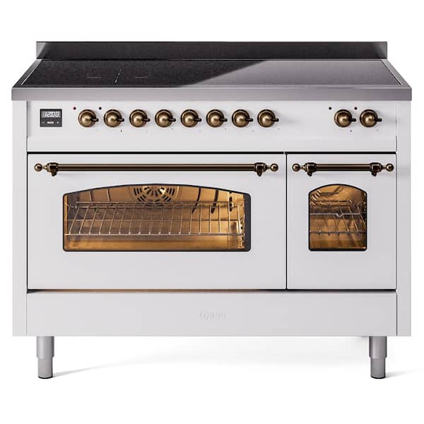 Nostalgie 48 in. 6 Zone Freestanding Double Oven Induction Range in White with Bronze Trim