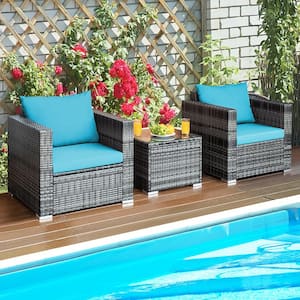 3-Piece Rattan Patio Conversation Furniture Set Outdoor Yard with Turquoise Cushion
