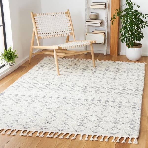 Berber Fringe Shag 4 x 6 Ivory/Gray Tribal Area Rug
