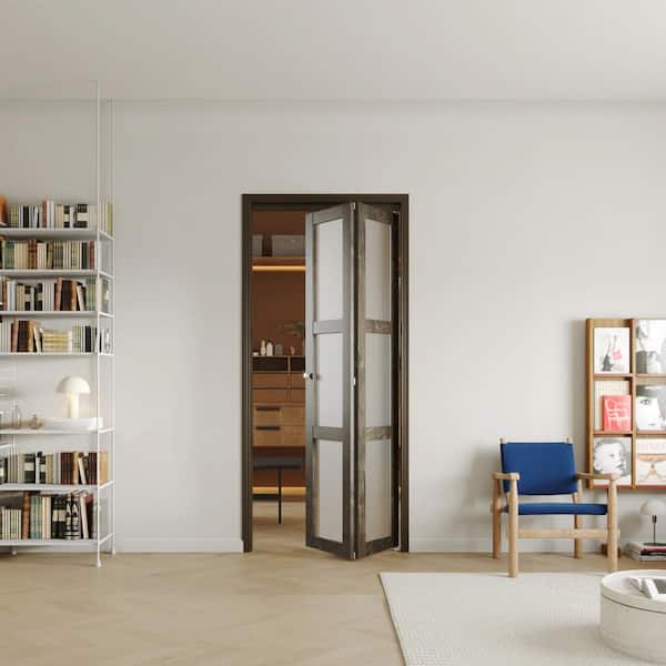 TENONER 36 in x 80 in, Gray Brown, MDF & Water-Proof PVC Covering, Three Frosted Glass Panel Bi-Fold Interior Door for Closet