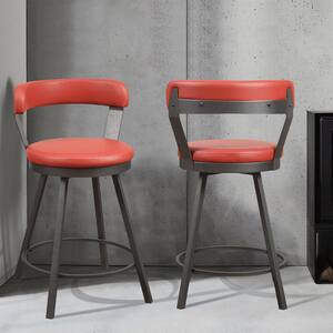 Avignon 25 in. Dark Gray Metal Swivel Counter Height Chair with Red Faux Leather Seat (Set of 2)