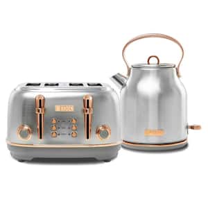 Heritage 4 Slice Wide Slot Stainless/Copper Retro Toaster and 1.7 Liter Stainless Steel Retro Electric Kettle