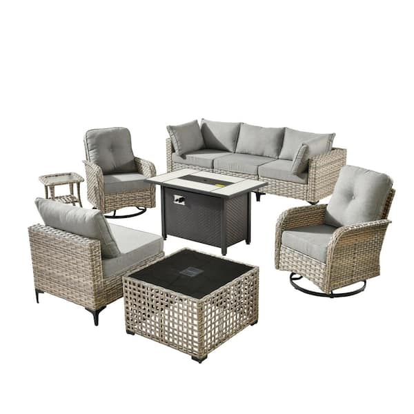 Holston 9-Piece Wicker Modern Outdoor Patio Fire Pit Conversation Sofa Set with Swivel Chairs and Dark Grey Cushions