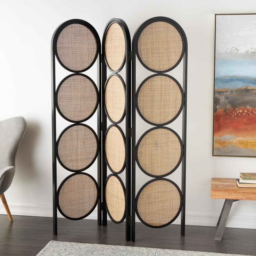 Litton Lane 6 ft. Black 3 Panel Geometric Handmade Arched Foldable Room Divider Screen with Woven Circular Cutouts