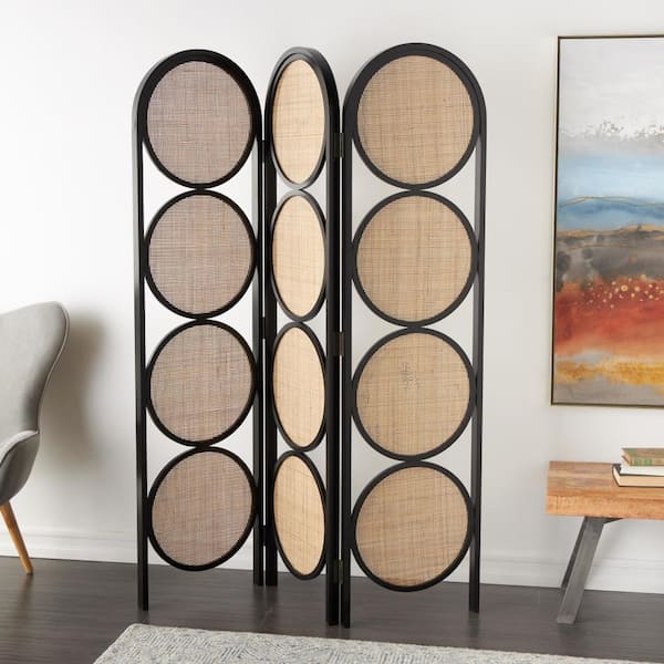 Litton Lane 6 ft. Black 3 Panel Geometric Handmade Arched Foldable Room Divider Screen with Woven Circular Cutouts