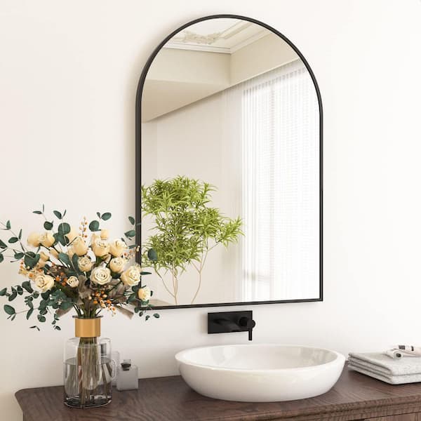 Black 24 in. W x 36 in. H Arched Bathroom Mirror Mirror Wall Aluminum Alloy Framed Mirror