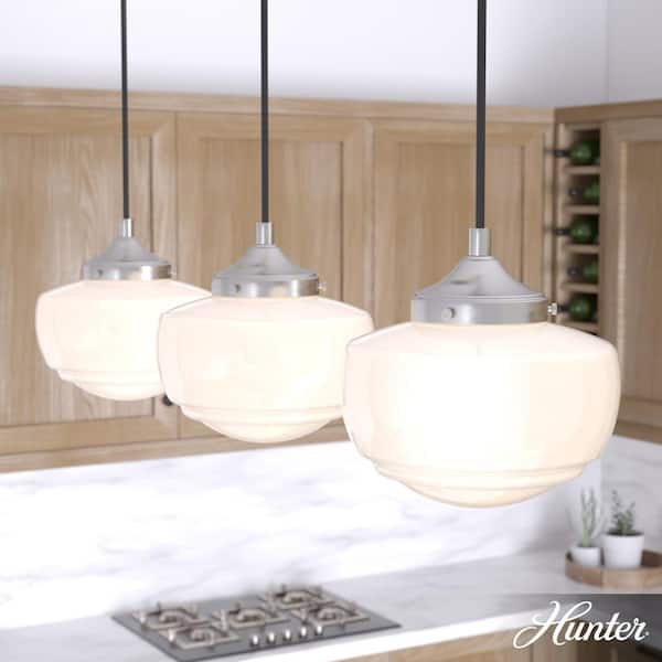 Hunter Saddle Creek 3-Light Brushed Nickel Schoolhouse Chandelier with Cased White Glass Shades