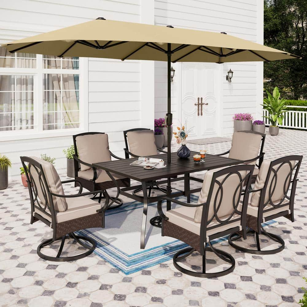 PHI VILLA 8-Piece Black Metal Outdoor Dining Set With Beige Cushions ...