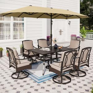 8-Piece Black Metal Outdoor Dining Set with Beige Cushions and Beige Umbrella