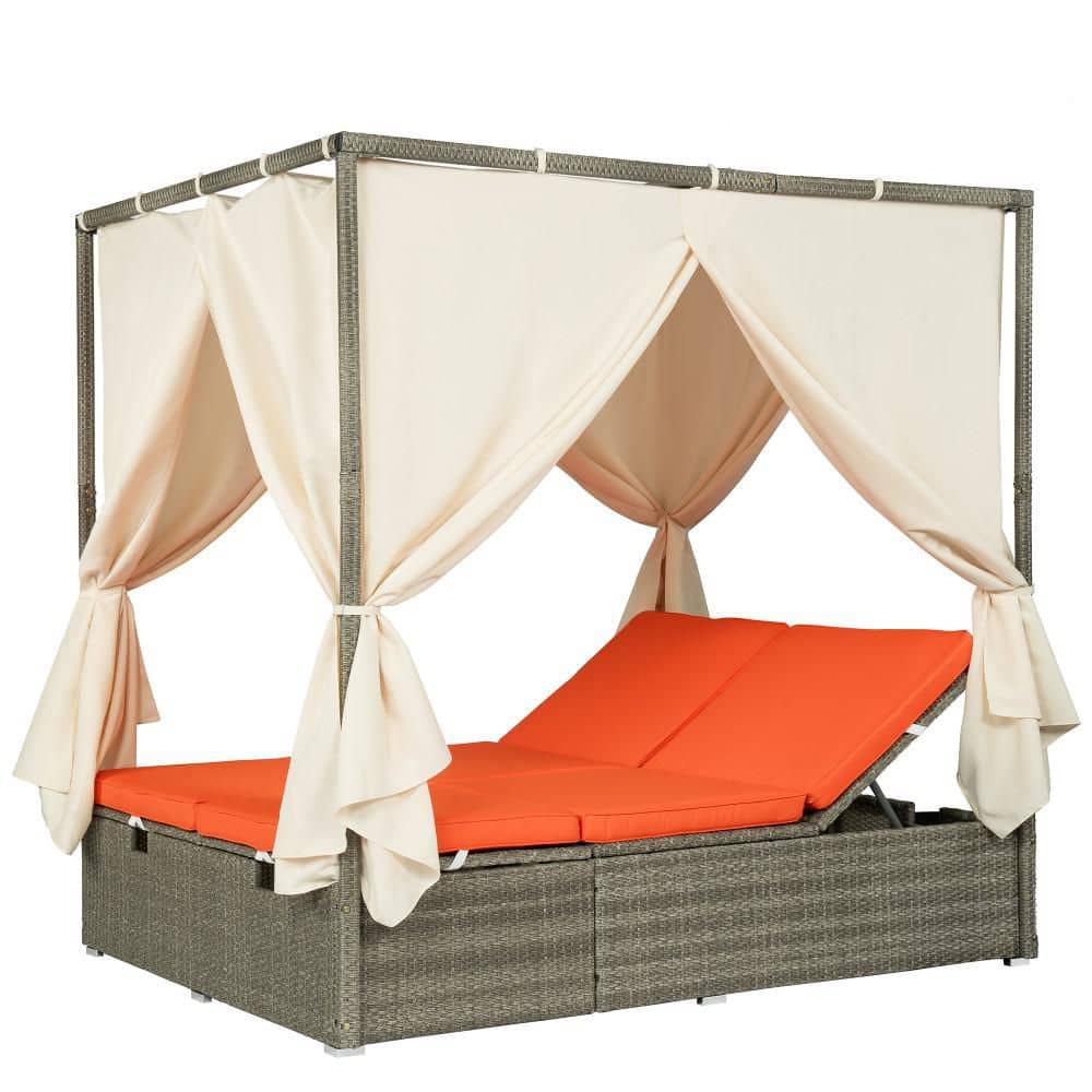 Gray Rattan Wicker Outdoor Multi-Position Adjustable Outdoor Day Bed with Removable Orange Cushion & Canopy for Poolsid