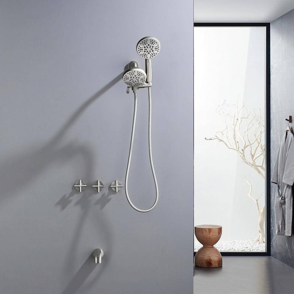 Brushed Nickel Triple Handle Rain Shower Faucet Set with Handheld