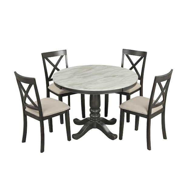 maocao hoom 42 in Gray Solid Wood Dining Table Set with 4-Chairs