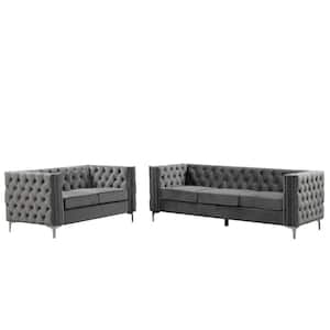 Modern 2-Piece of Loveseat and Sofa Couch Set with Dutch Velvet Top Iron Legs in Gray