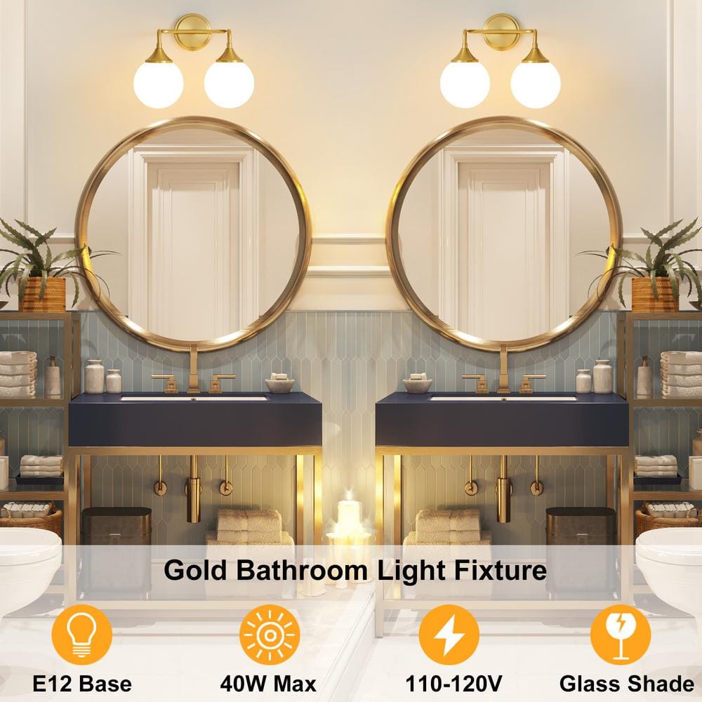 14.17" Gold Vanity Light with White Glass Globe Shades