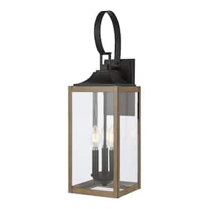 Havenridge 23.2 in. 3-Light Gray Wood Hardwired Outdoor Wall Lantern Sconce with Clear Glass (1-Pack)