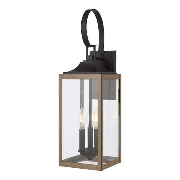 Home Decorators Collection Havenridge 23.2 in. 3-Light Gray Wood Hardwired Outdoor Wall Lantern Sconce with Clear Glass (1-Pack)