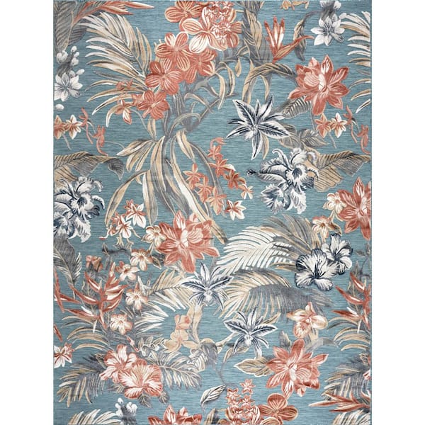 Tayse Rugs Tropic Aqua 7 ft. x 9 ft. Floral Indoor/Outdoor Area Rug
