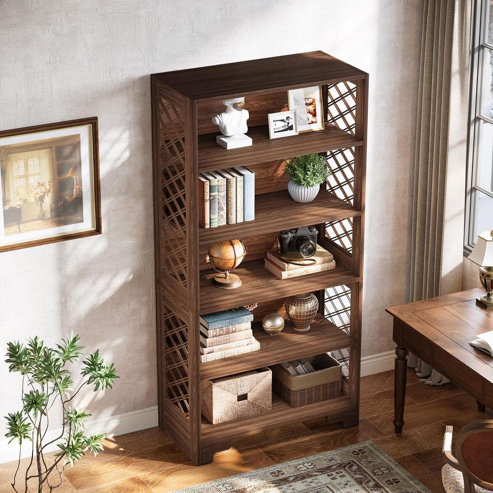 BYBLIGHT Eulas 71 in. Tall Brown Wood 6-Shelf Standard Bookcase
