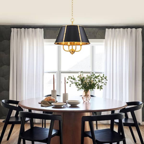 19.57 in. 4-Light Modern Industrial Gold Matel Chandelier with Drum Black Shade for Dining Room, Living Room