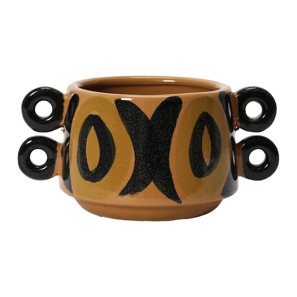 Storied Home Hand Painted Stoneware Planter with Handles, Brown and Black