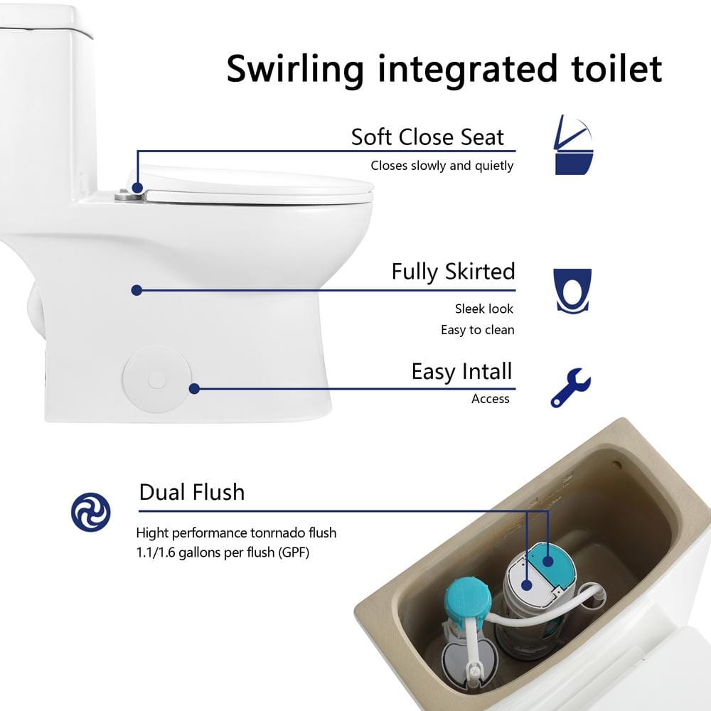 White Ceramic Dual-Flush Elongated One-Piece Toilet with Soft-Close Seat