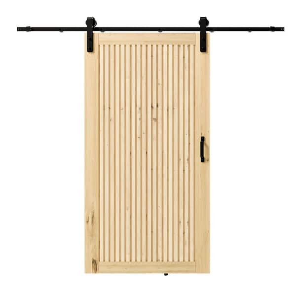 84 in. x 84 in. Light Brown, Paneled, Fluted, Painted, Pine Wood Sliding Barn Door with Hardware Kit
