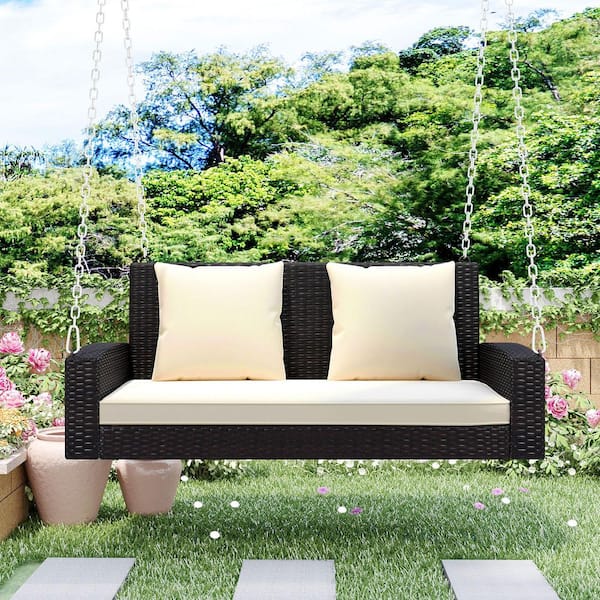 Unbranded 2-Person Black Wicker Outdoor Patio Porch Swing with Chains, Beige Cushion and Pillow