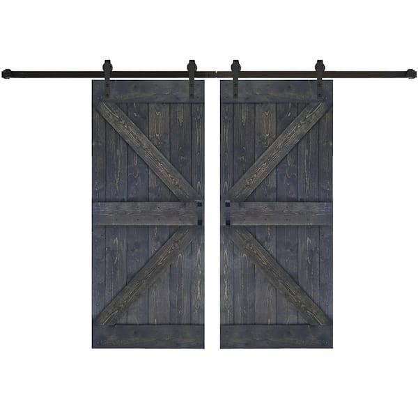 ISLIFE K Series 76 in. x 84 in. Carbon Grey Finished DIY Solid Wood Double Sliding Barn Door with Hardware Kit