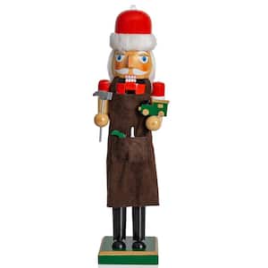15 in. Wooden Christmas Toy Maker Nutcracker-Red and Green Wood Nutcracker with Brown Apron, Toy Car and Hammer-Holiday