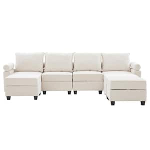 114 in. W Straight Arm Linen Mid-Century Modern L-Shaped Straight Reclining Sofa in Beige for 7-Seat