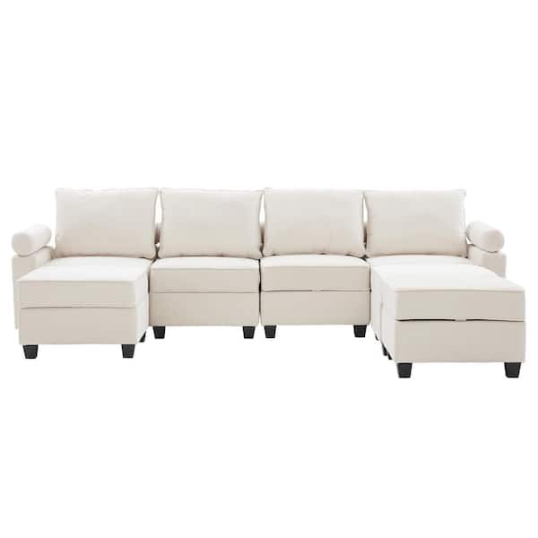 Boyel Living 114 in. W Straight Arm Linen Mid-Century Modern L-Shaped Straight Reclining Sofa in Beige for 7-Seat