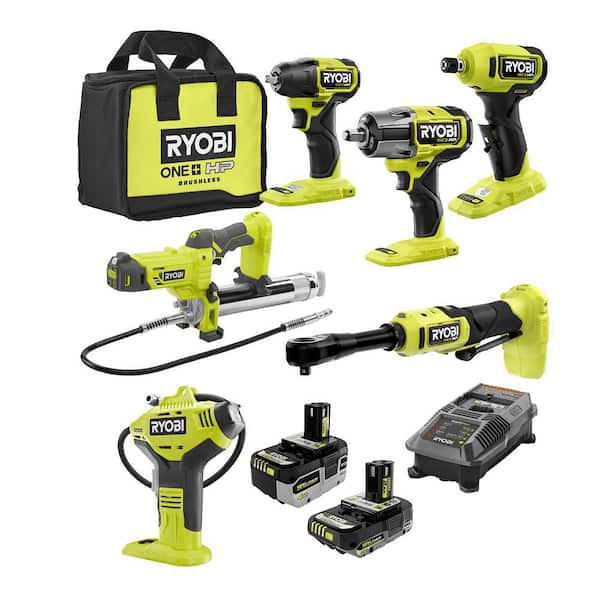 RYOBI ONE+ HP 18V Cordless 6-Tool Ultimate Automotive Starter Kit with (1) 2.0 Ah Battery, (1) 4.0 Ah Battery, Charger and Bag