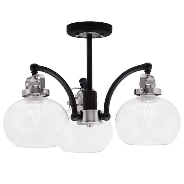 Unbranded Decatur 17.25 in. 3 Light Black and Nickel Semi-Flush with 7 in. Clear Bubble Glass Shades No blulbs included