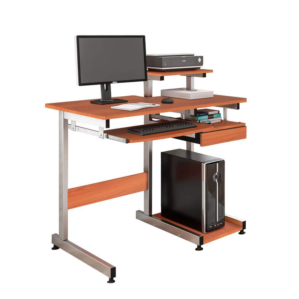 Heavy-Duty Woodgrain Computer Desk with Steel Frame and Keyboard Tray