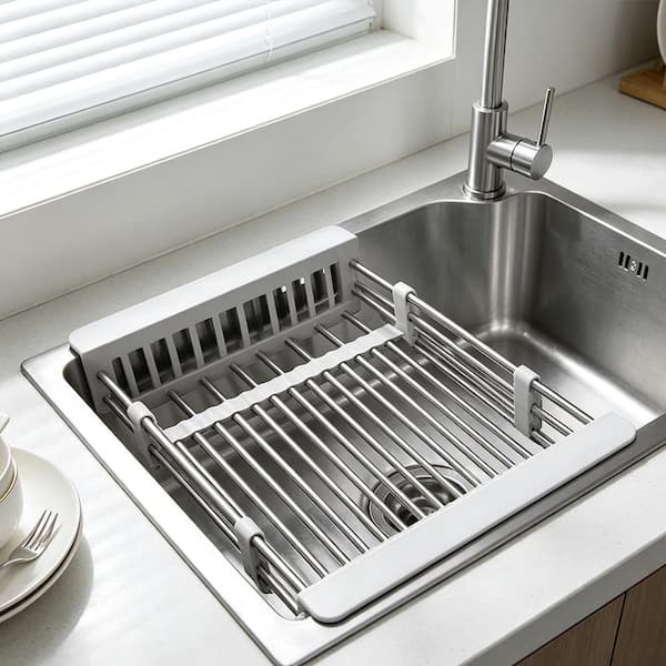 Retractable Sink Dish Rack, Adjustable Stainless Steel Drain Basket for Fruits and Vegetables