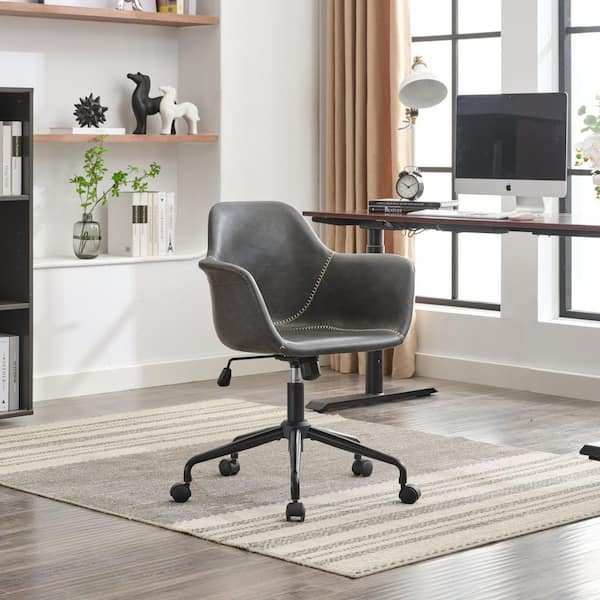 Leather Mid-Century Adjustment Height Swivel Office Chair in Black with 40° Recline