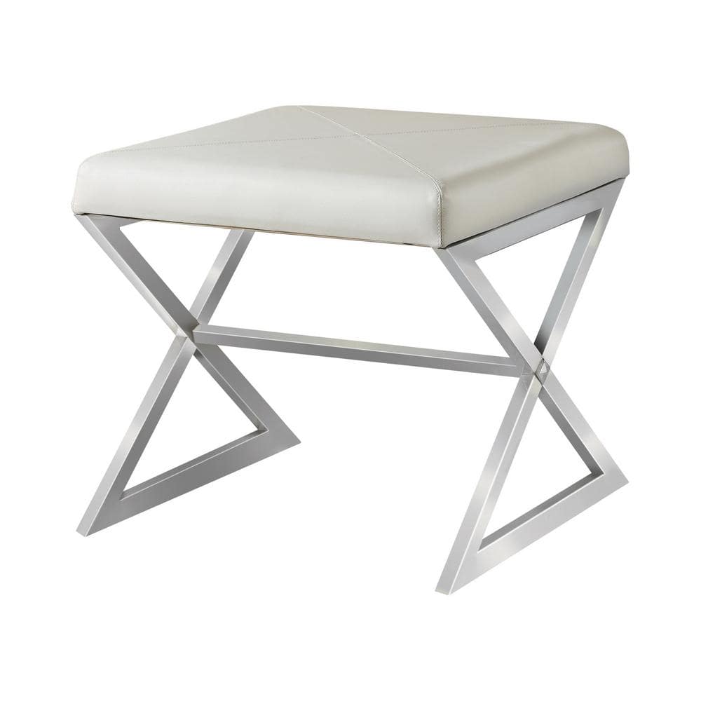 White Faux Leather X-Cross Square Ottoman with Chrome Base