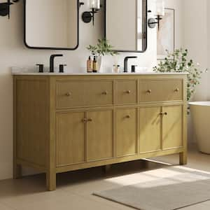 60 in. Bathroom Vanity with Ceramic Sink Top, Pre-Assembled Mid-Century Wood Bathroom Cabinet Sink Combo in Walnut White