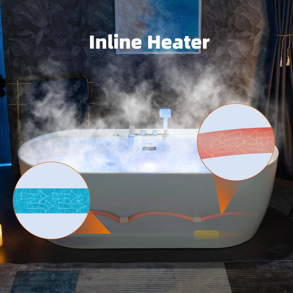 72'' White Acrylic Freestanding Heated Whirlpool Tub