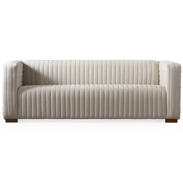 Ashcroft Furniture Co Neda 90 in. Square Arm Mid Century Modern Velvet Sofa in Cream