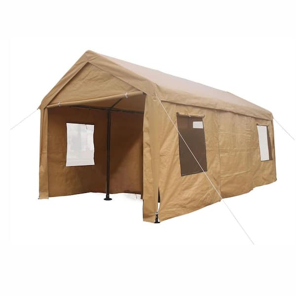 12 x 20 ft. Outdoor Portable Garage Carport with Window Ventilation for Cars, Boats and Trucks, Light Brown